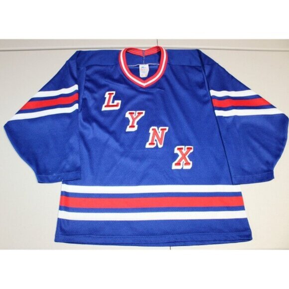 NHL Hockey Vintage Retro 90s LYNX Sewn Jersey Small CCM Maska Air-Knit Blue - Picture 1 of 5